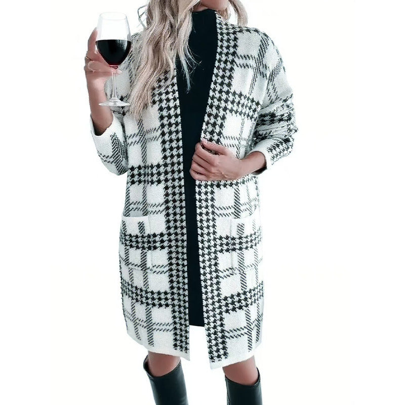 Women's Houndstooth Knitted Long Knitted Jacket