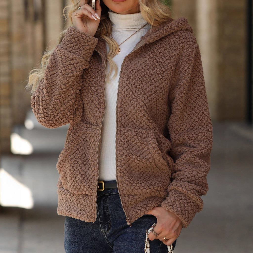 Women's Autumn And Winter Loose Pocket Hooded Zipper Plush Jacket
