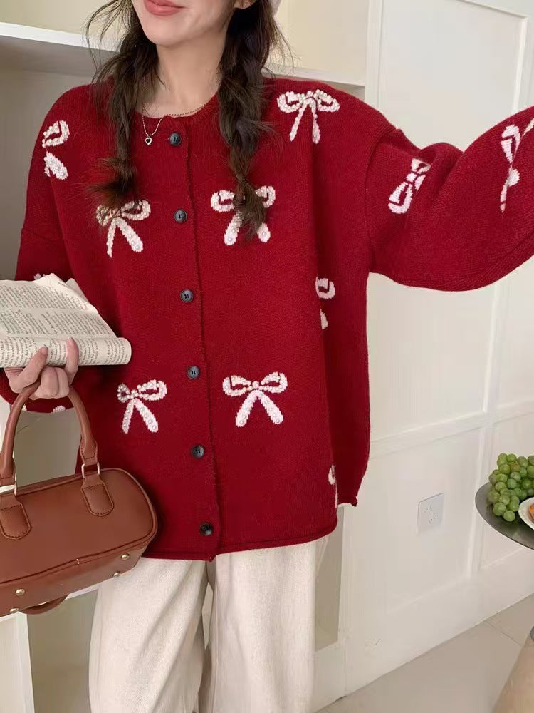 Bow Knit Sweater Coat Women Loose Design Sense Cardigan Top Casual Style