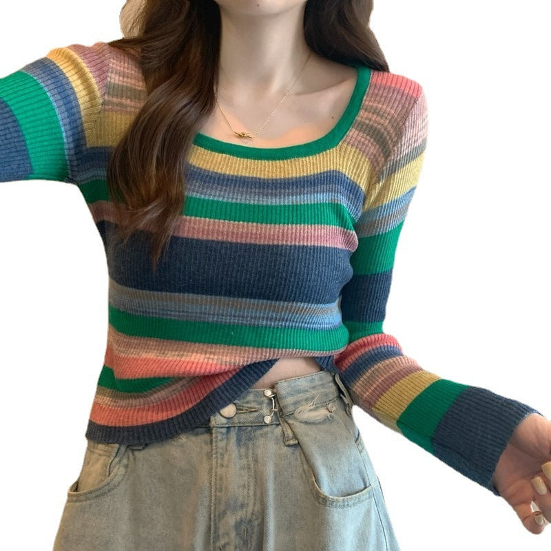 Spicy Style Square Collar Niche Contrast Color Stripes