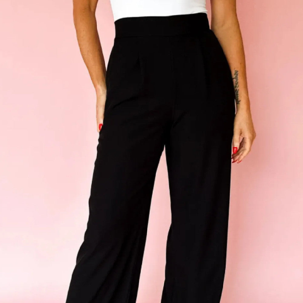 Black Pleated Detail Pull On High Elastic Waist Loose Straight Pants