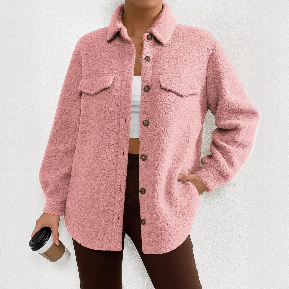 Women's Solid Color Long-sleeved Lapel Fleece Jacket