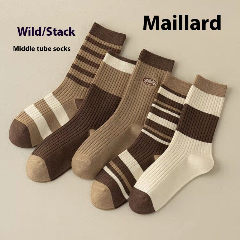 5 Pairs Of Maillard Spring Fashion Women's Mid-calf Socks Thickened Striped
