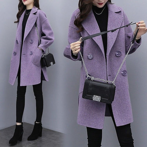 Purple Woolen Coat Women's Mid-length Lantern Sleeve
