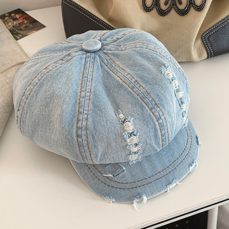 Retro Make Old Ripped Denim Beret Women