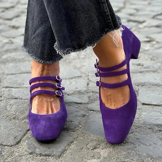 Women's Leather Square Toe Low-cut Retro Style Chunky Heel High Heels