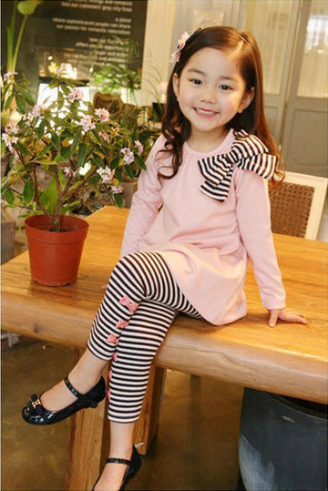 Girls Striped Bow Tie Round Neck T-shirt  Leggings Kids Suit