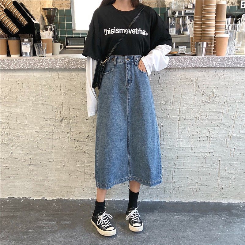 Denim Half - Length Skirt Temperament Slit Mid - Length High - Waisted A - Line Thin Hip - Length Skirt - Eshtree