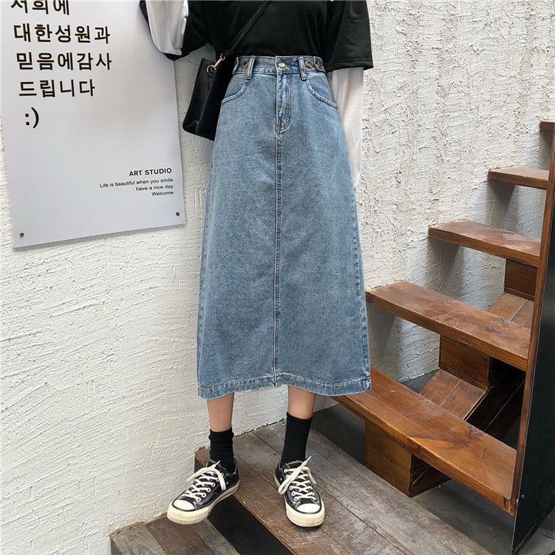 Denim Half - Length Skirt Temperament Slit Mid - Length High - Waisted A - Line Thin Hip - Length Skirt - Eshtree