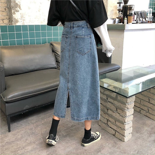 Denim Half - Length Skirt Temperament Slit Mid - Length High - Waisted A - Line Thin Hip - Length Skirt - Eshtree