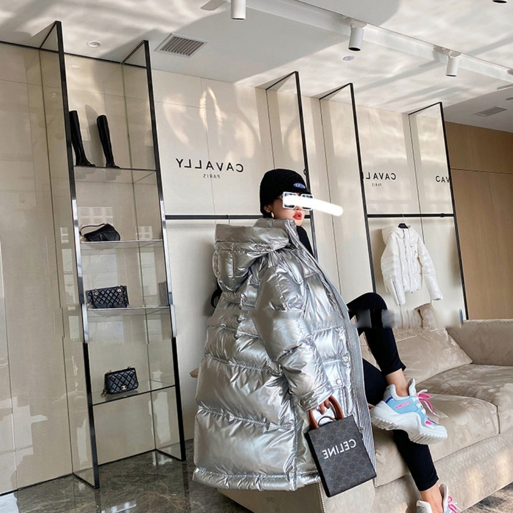 Women's Long Pink Glossy Fur Collar Winter High-end Down Jacket