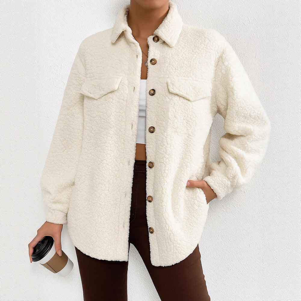 Women's Solid Color Long-sleeved Lapel Fleece Jacket