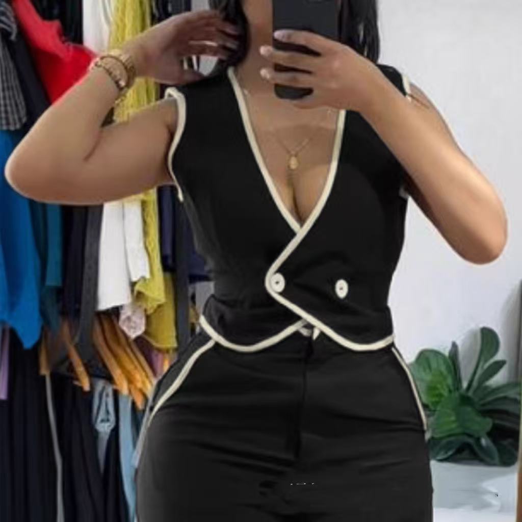 Fashion Colorblock Short Sleeveless Vest Suit Women