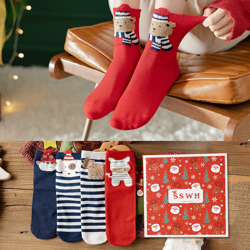4 Pairs Christmas Gift Box Women's Mid Tube Stockings
