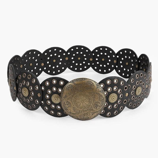 Disc Hook Leather Retro Rivet Alloy Belt Wide Belt - Eshtree