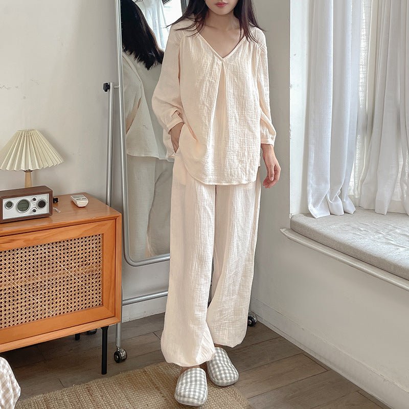 Double - layer Cotton Yarn V - neck Pajamas Suit Comfortable Homewear - Eshtree