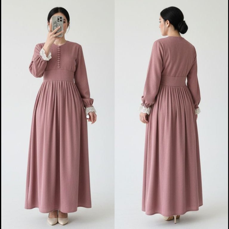 دريس قطيفة كلاسيكي ناعم بأكمام دانتيل لإطلالة يومية مميزة - Eshtree