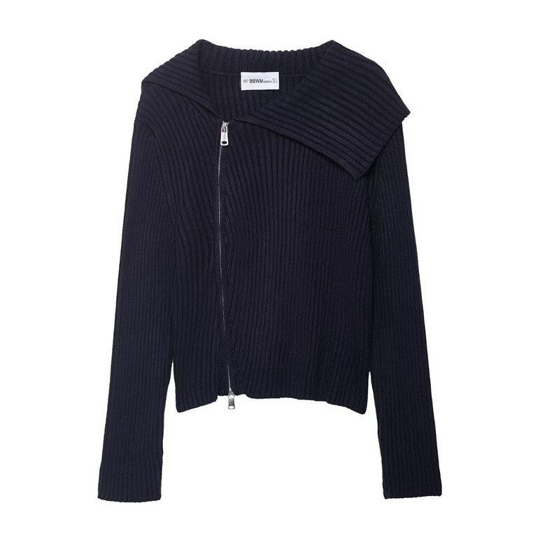 Women's European And American Style Zipper Ribbed Knitted Jacket