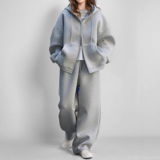 Korean Style Simple And Casual Women's Loose Sports Zipper Sweater Suit