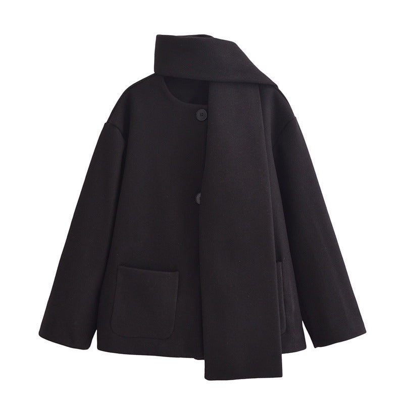 European And American Style Women's New Elegant Mixed Scarf Round Neck Coat