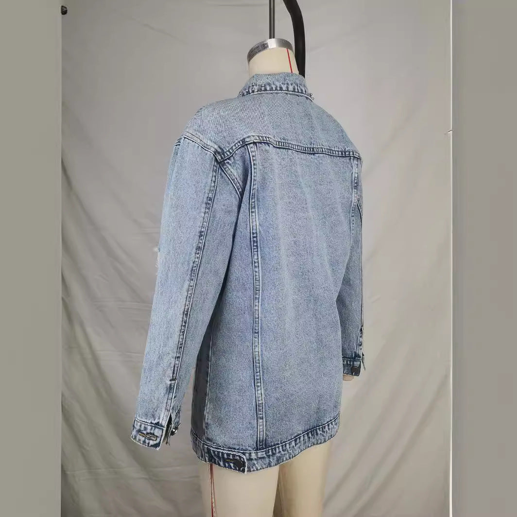Fashion Solid Color Ripped Mid-length Denim Jacket