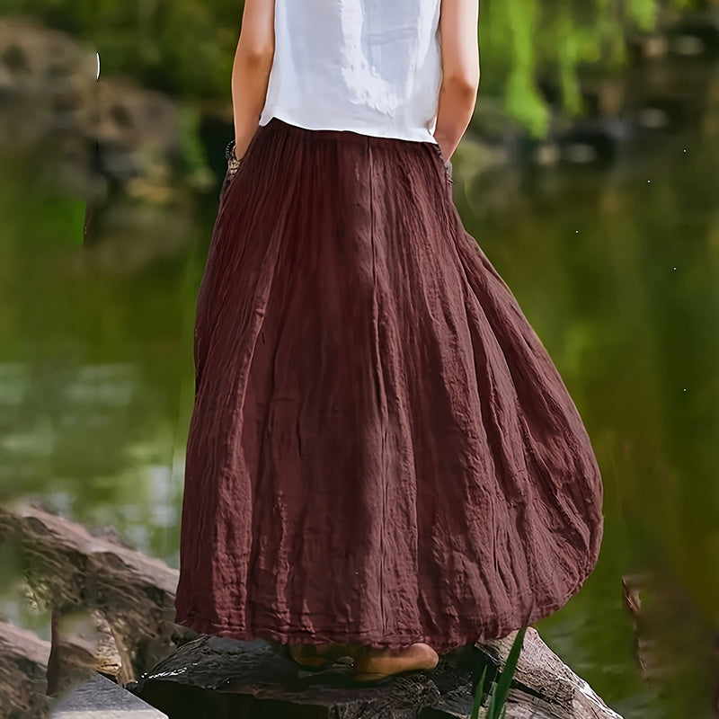 Women Bohemian Beach A-Line Dress Elastic Waist Flowy Long Maxi Skirt With Pockets