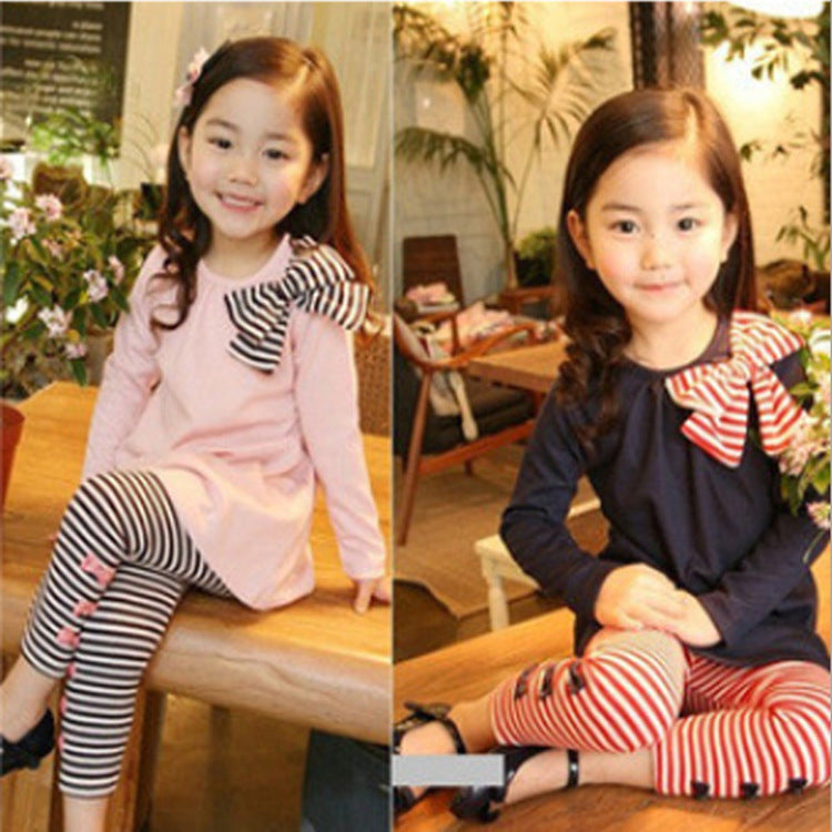 Girls Striped Bow Tie Round Neck T-shirt  Leggings Kids Suit