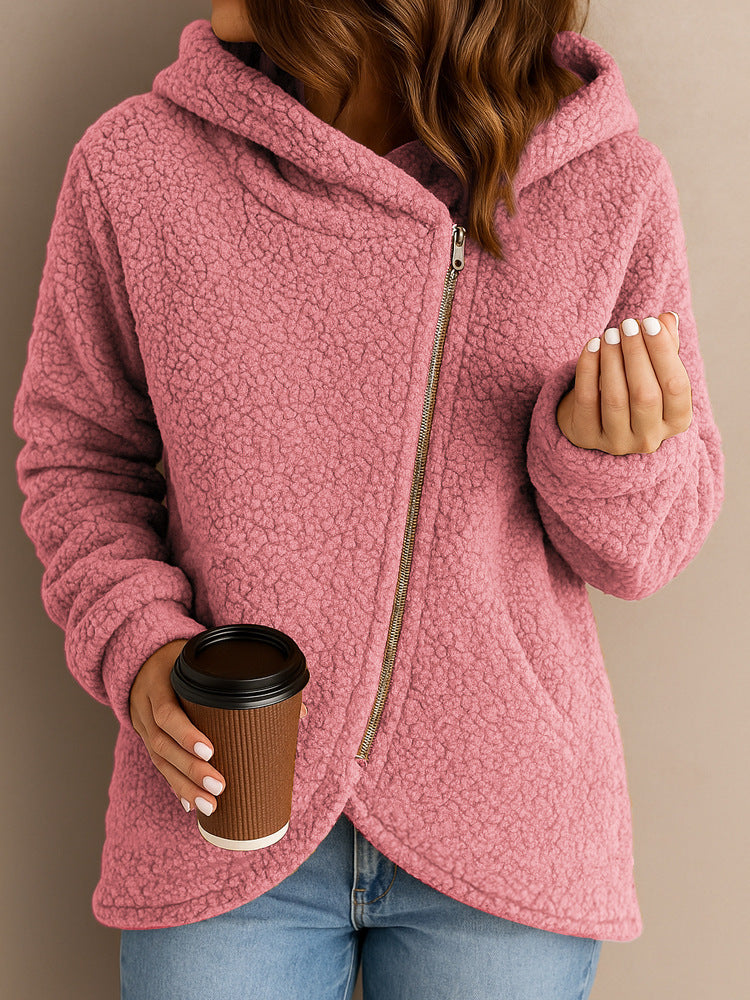 Casual Loose Lambswool Long Sleeve Zipper Hoodie Coat