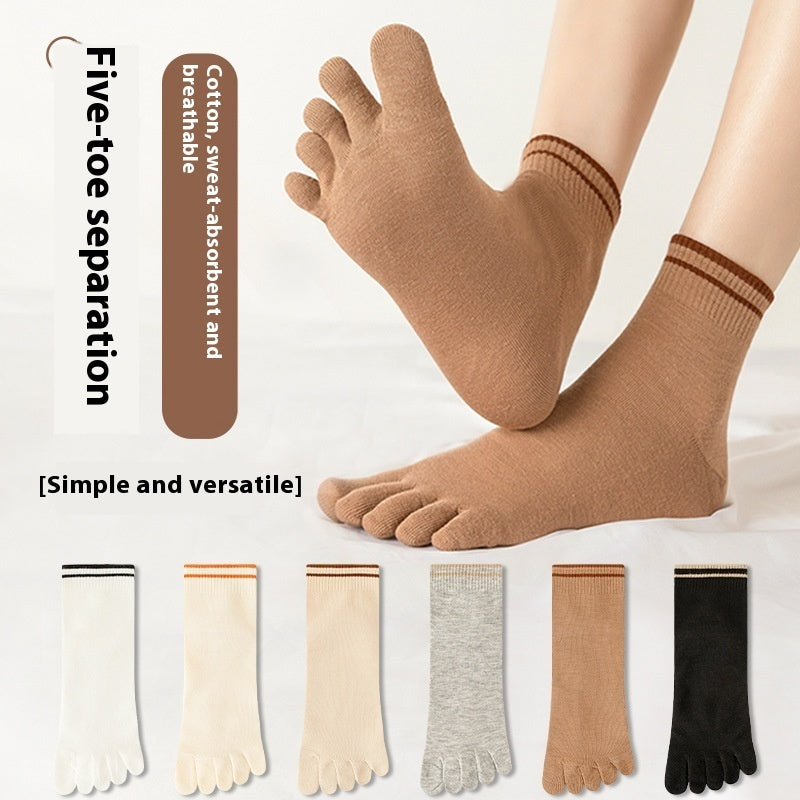 Breathable Sweat Absorbing Five Finger Striped Mid-calf Length Socks