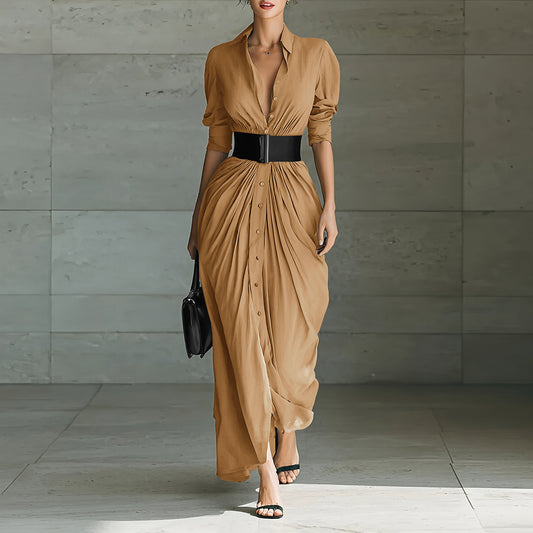 Fashionable Elegant Lapel Breasted Shirt Dress With Belt