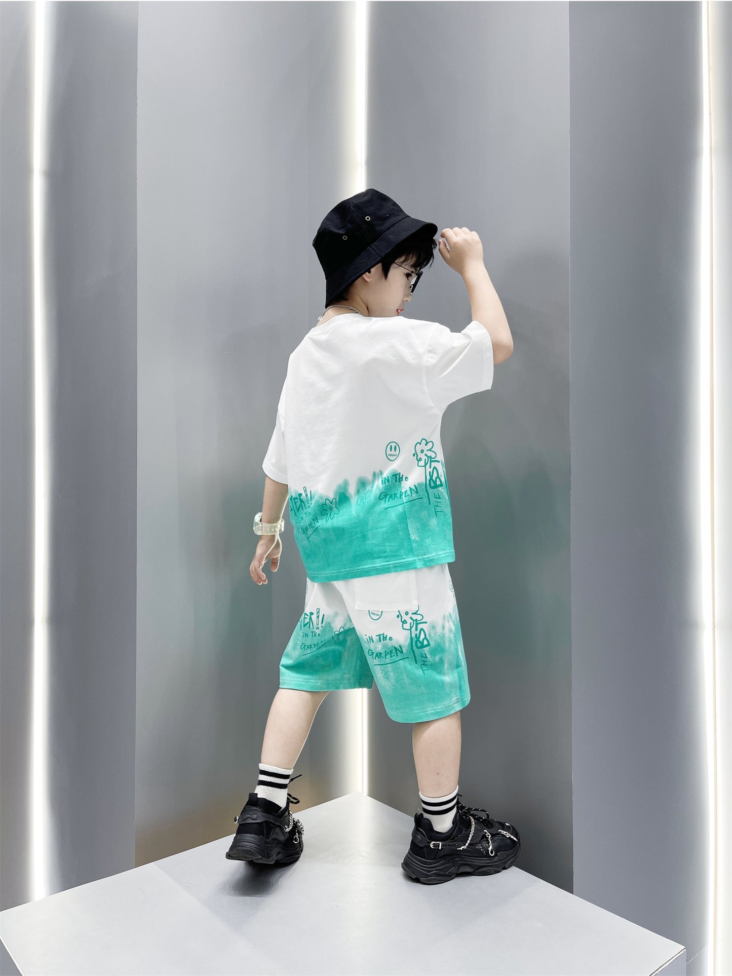 Boys Fashion Print Sports Short Sleeve Shorts Set