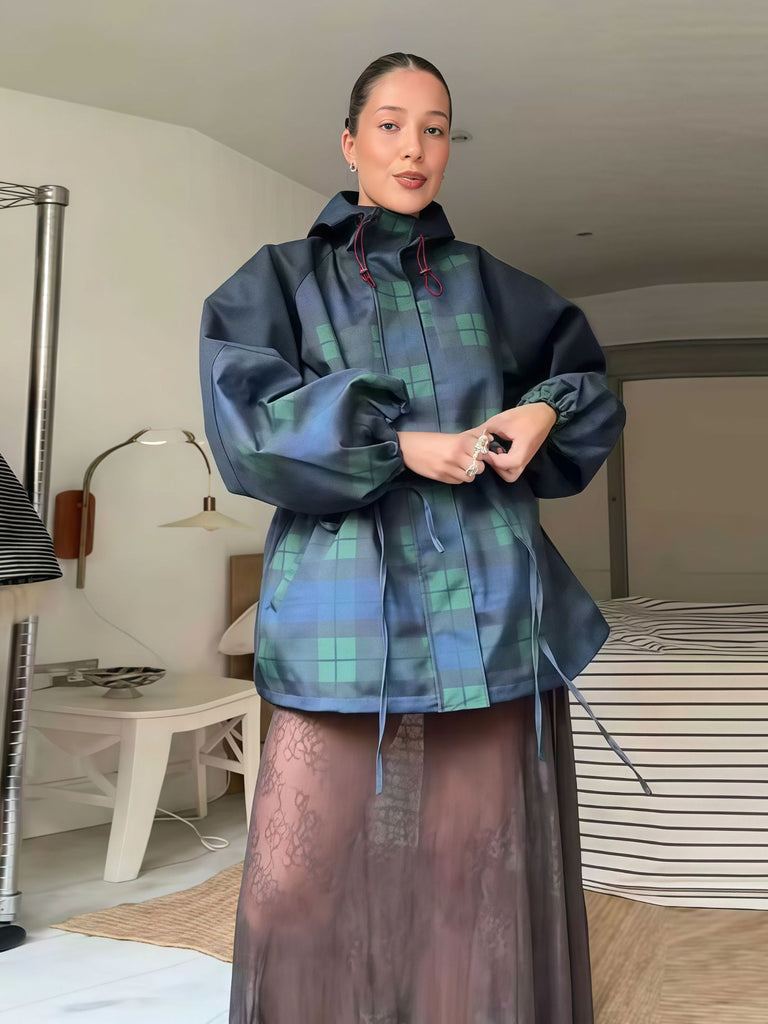 Outdoor Hooded Fashion Plaid Loose Windbreaker Jacket