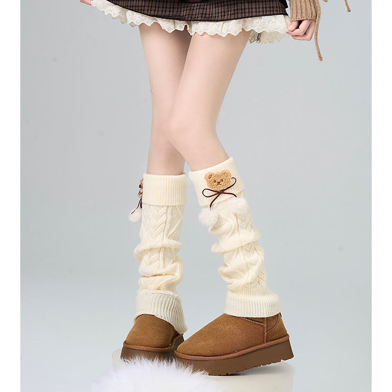 Bear Foot Sock Knitted Bow Hair Ball Pile Style Leg Warmer