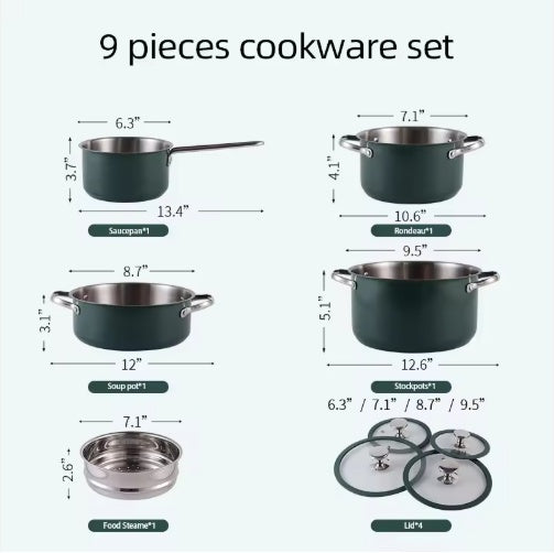 4pcs Stainless Steel Ceramic Coated Pot Set, Including 1 Milk Pot, 2 Stockpots, 1 Non-stick Pan, 4 LIDS And 1 Steamer Green