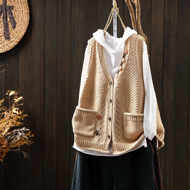 Hand-embroidered Cotton Thread Knitted Sleeveless Vest Cardigan