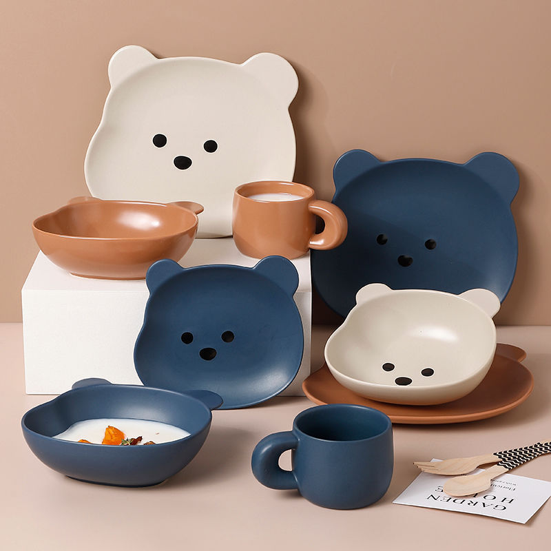 Cute Bear Ceramic Rice Bowl Breakfast Plate Set