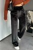 Black Shiny Velvet Drawstring High Waist Straight Leg Casual Pants