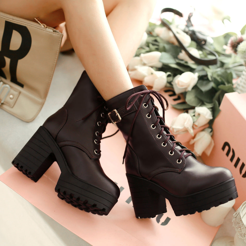 Large Size Thick Heel High Heel PU Martin Boots