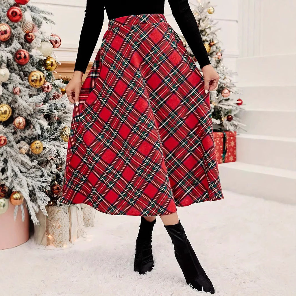 Women's High Waist Casual Loose Plaid Midi Dress