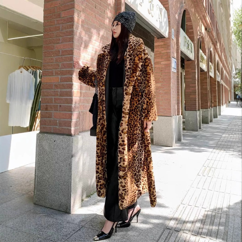 Women's Imitation Fur Leopard Print Rabbit Fur Super Long Suit Collar Furry Coat