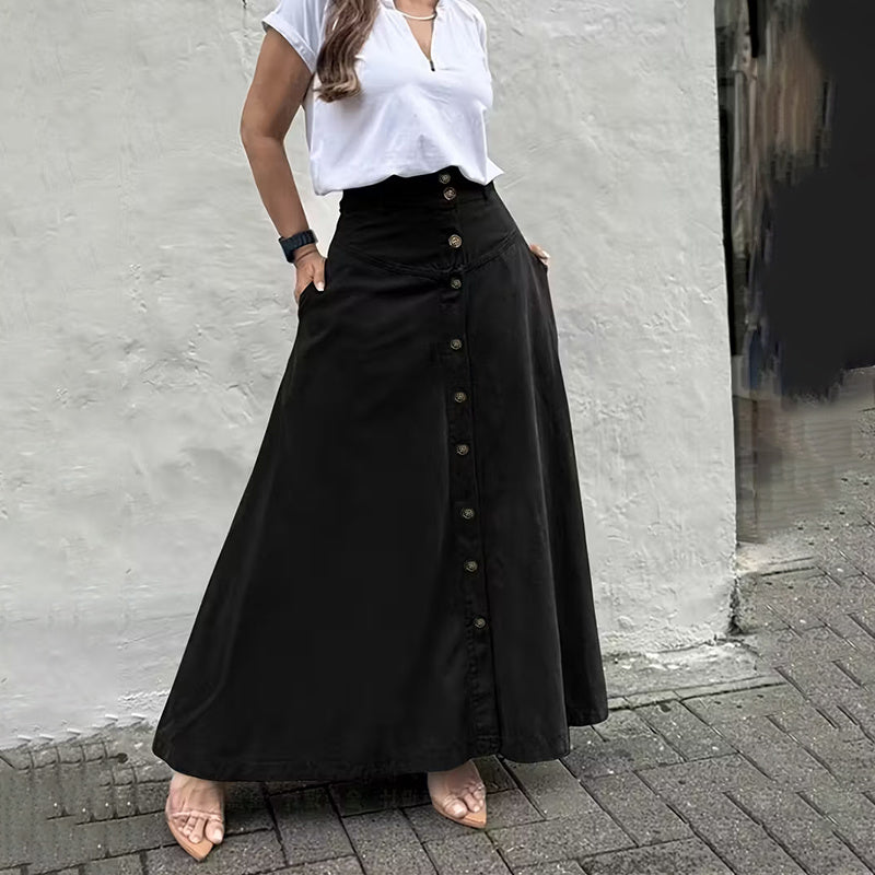Women's Solid Color High-Waisted A-Line Skirt With Slit And Button Detail Flared Midi Skirt With Pockets For Spring & Fall