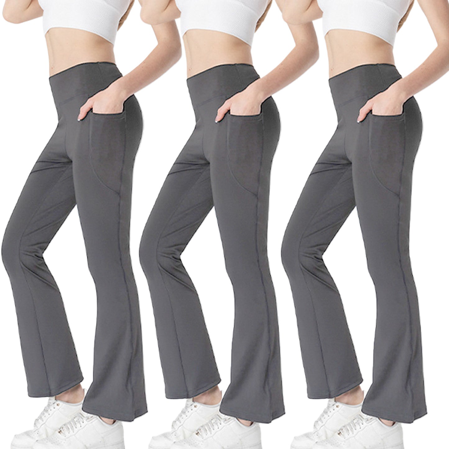 Ladies Mid Waist Abdominal-shaping Slimming Cropped Pants Casual Pocket Bootcut Trousers