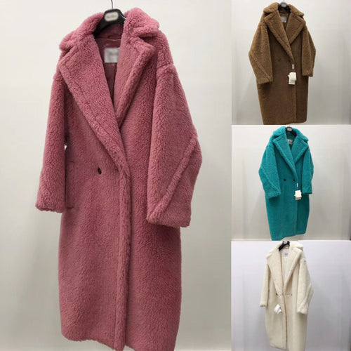 Women's Long Pink Wool Alpaca Fleecefiber Fur Coat