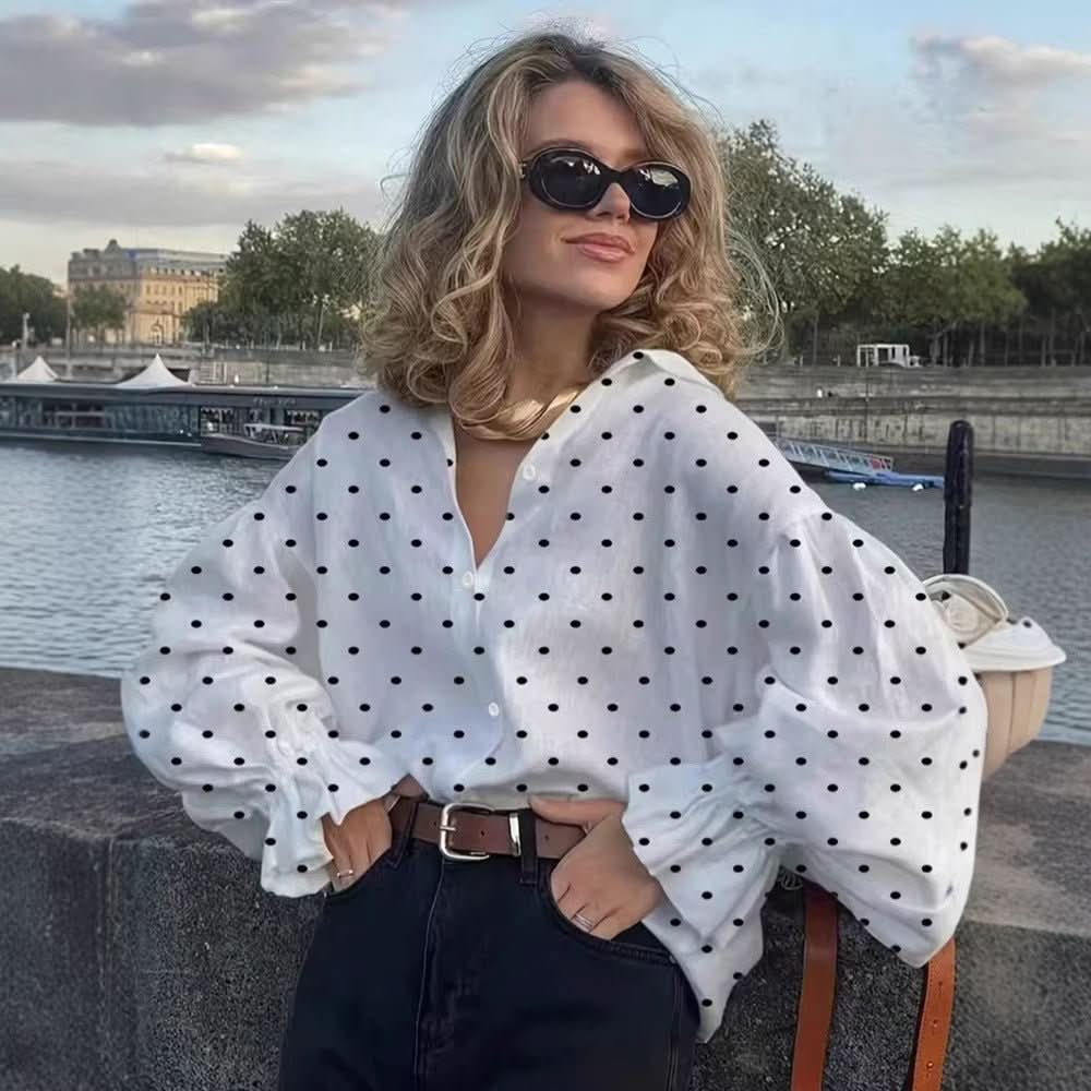 Early - Autumn Loose Casual Polka - Dot Shirt With Front Buttons For A Stylish Look - Eshtree