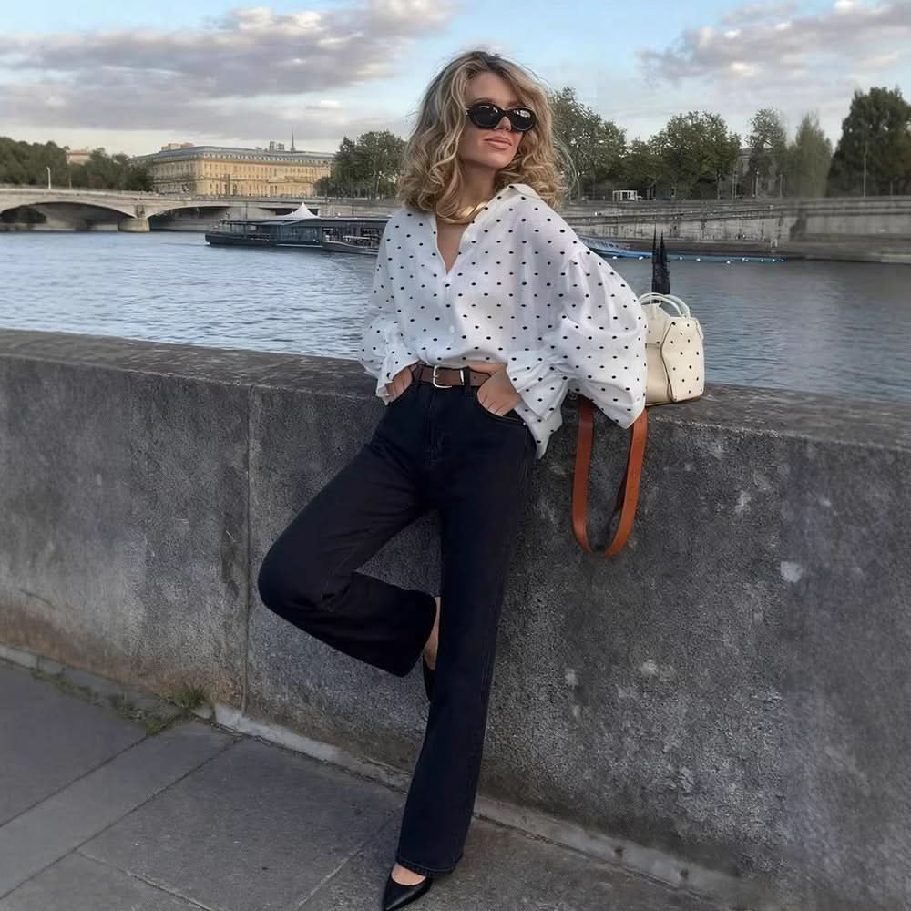 Early - Autumn Loose Casual Polka - Dot Shirt With Front Buttons For A Stylish Look - Eshtree