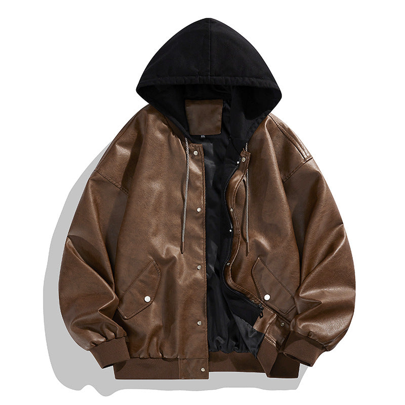 Fake Two-piece High Street Cool Retro Leather Jacket For Men