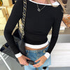 Women's Casual Black Fake Slim Fit Round Neck Long Sleeves T-shirt
