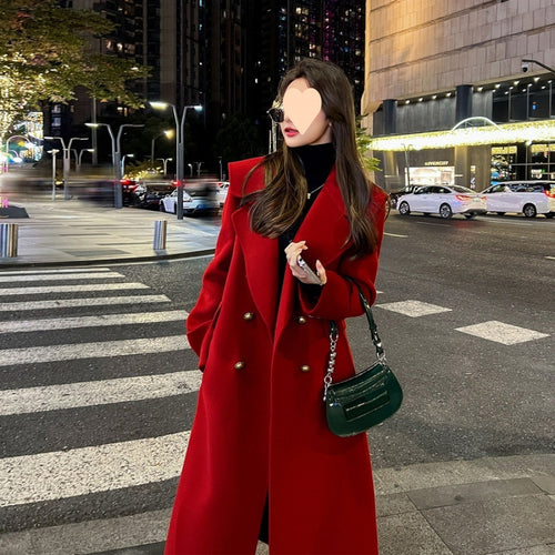 Red Temperament Long Sleeve Women's Woolen Coat