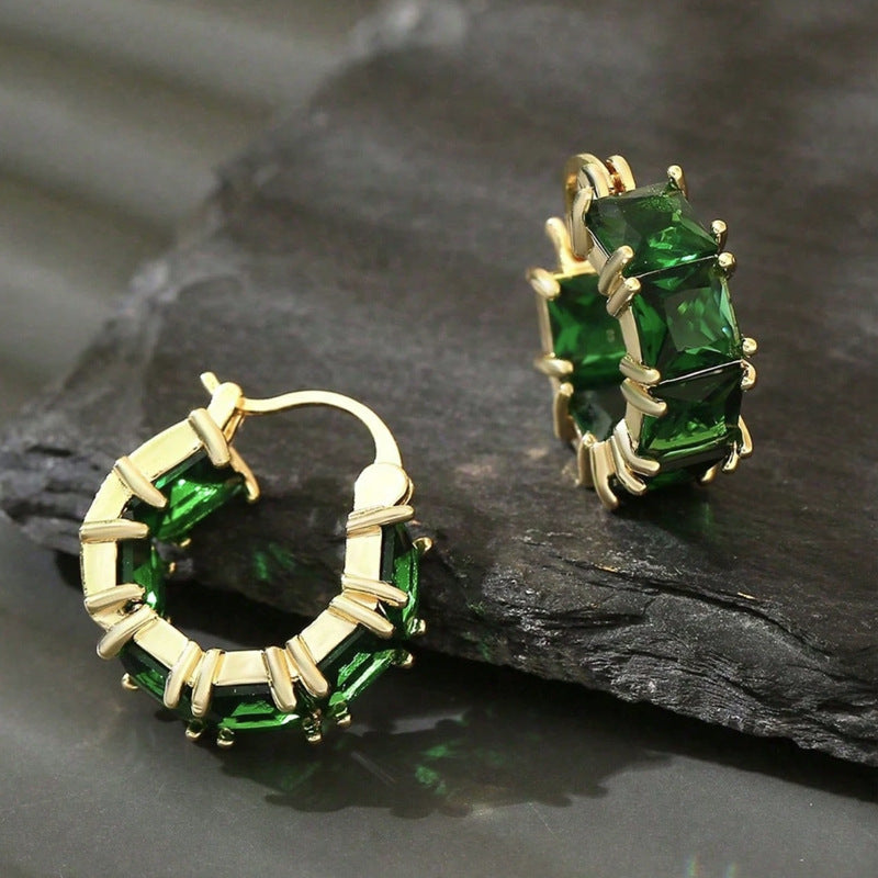 Copper Inlaid Zircon Geometric Round Hoop Earrings Vintage And Elegant Emerald Earrings