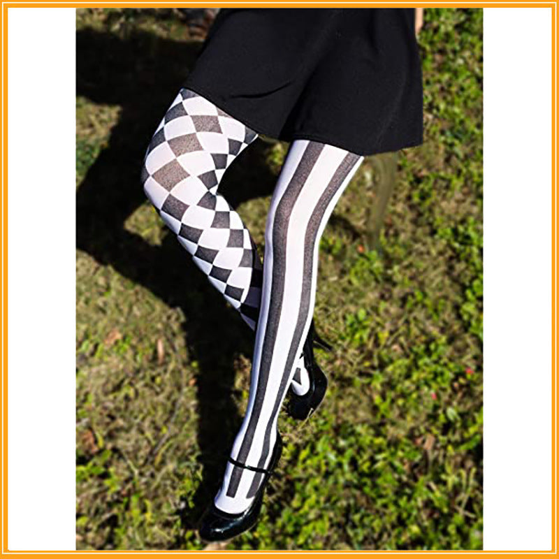 Halloween Magic Yin Yang Vertical Stripes Black And White Piano Plaid Trousers Pantyhose